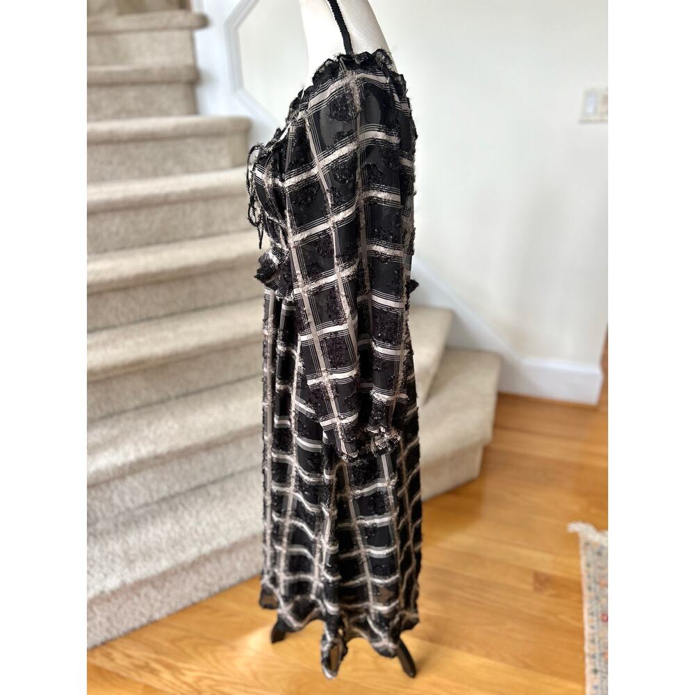 Aureum Black & Tan Plaid Frayed Milk Maid Whimsigoth Blouson Sleeve Midi Dress - Picture 4 of 8